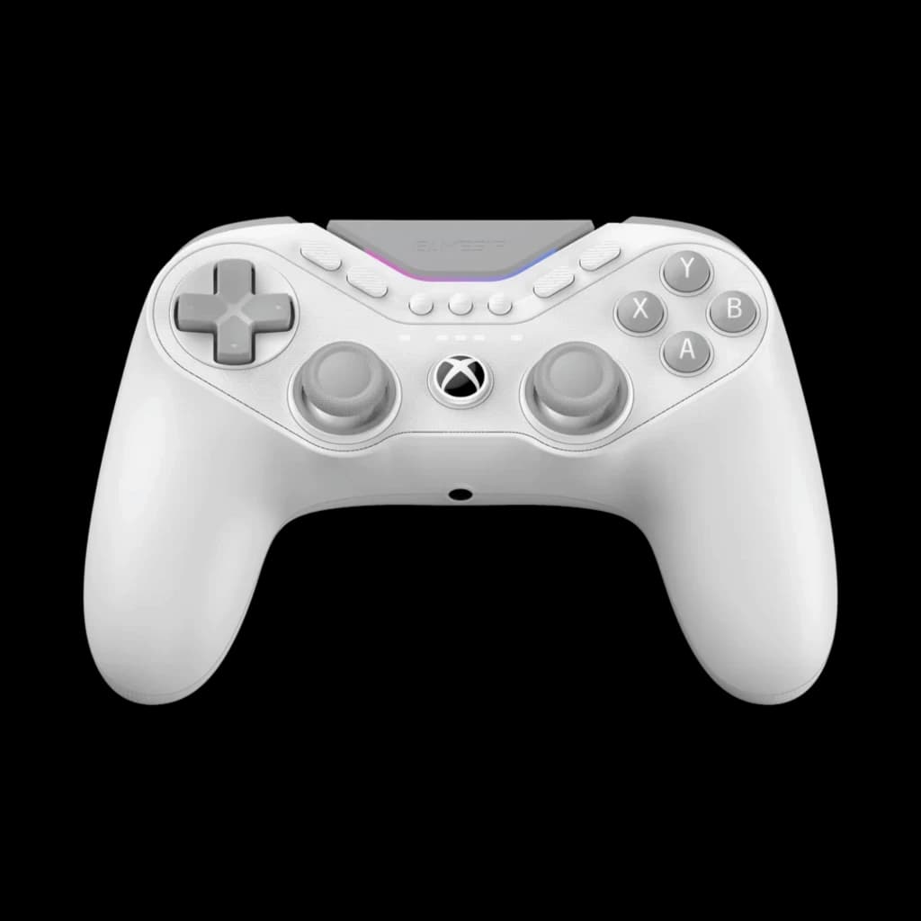 Manette GameSir Tarantula Pro blanche, design ergonomique, deux sticks gris, croix directionnelle argentée, boutons ABXY, éclairage LED discret,