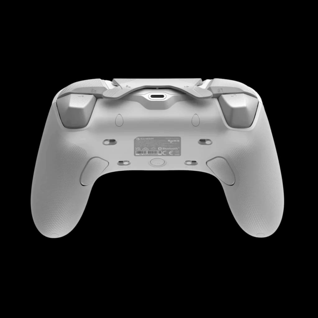 Manette GameSir Tarantula Pro Blanc vue arrière, coque blanche mate, poignées texturées antidérapantes, gâchettes ergonomiques, port USB-C, compatible
