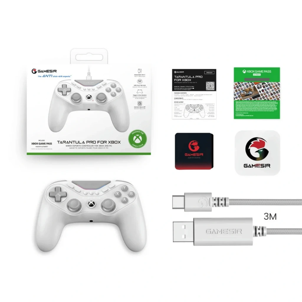 Mando GameSir Tarantula Pro Blanco con carcasa mate, cruceta metálica, sticks duales, botones ABXY grises y luz LED superior; compatible Switch, Android, iOS - Ítem5
