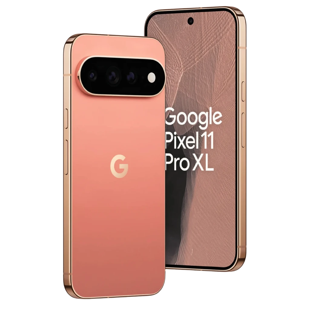 Google Pixel 11 Pro XL canyon, dos rose saumon mat avec module photo horizontal triple, écran OLED 6,8 pouces bord à bord perforé, cadre métal fin - Ítem1