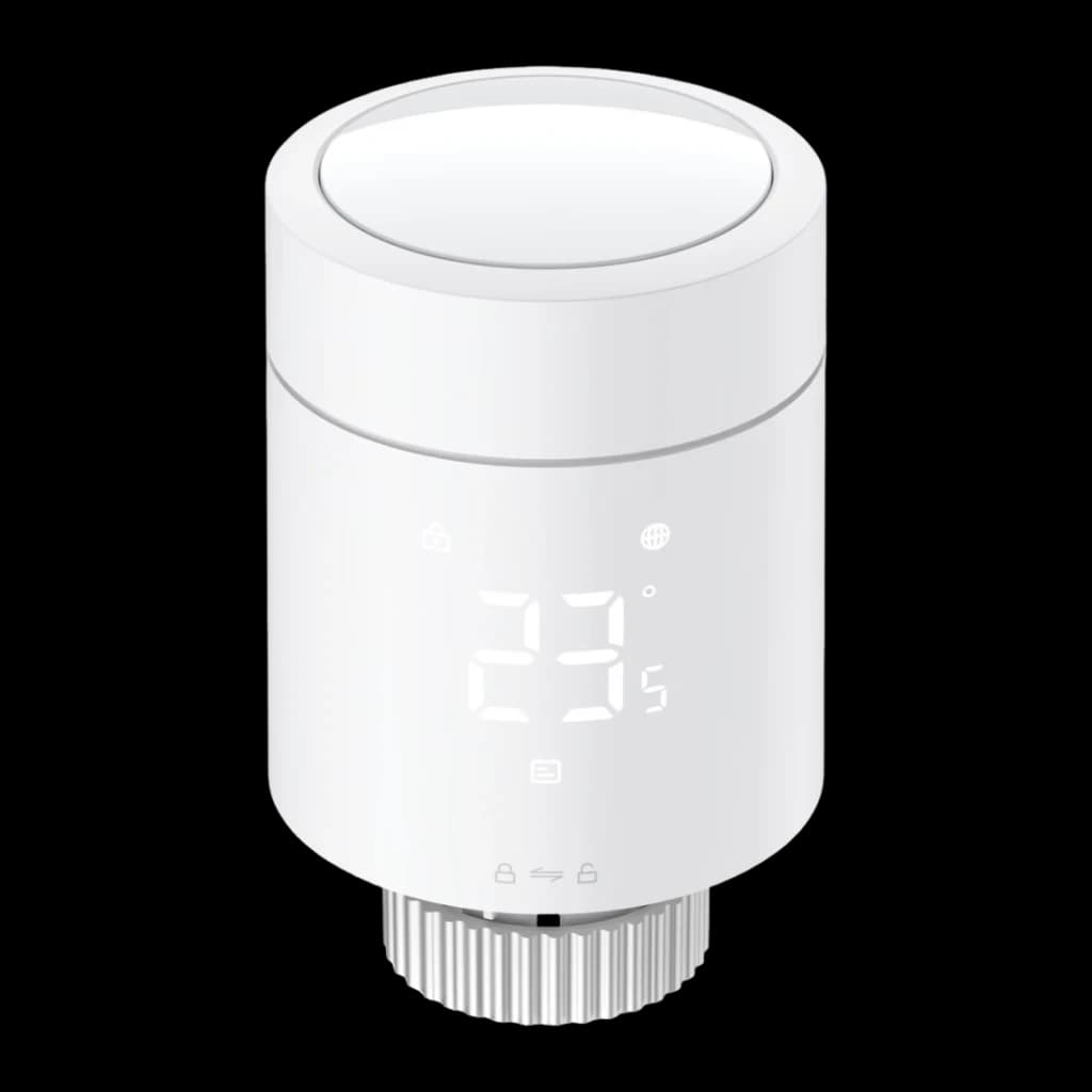 Thermostat pour radiateur Aqara Radiator Thermostat W600 Blanc Thread, Zigbee 3.0, vue avant: écran LED affichant 23°, corps