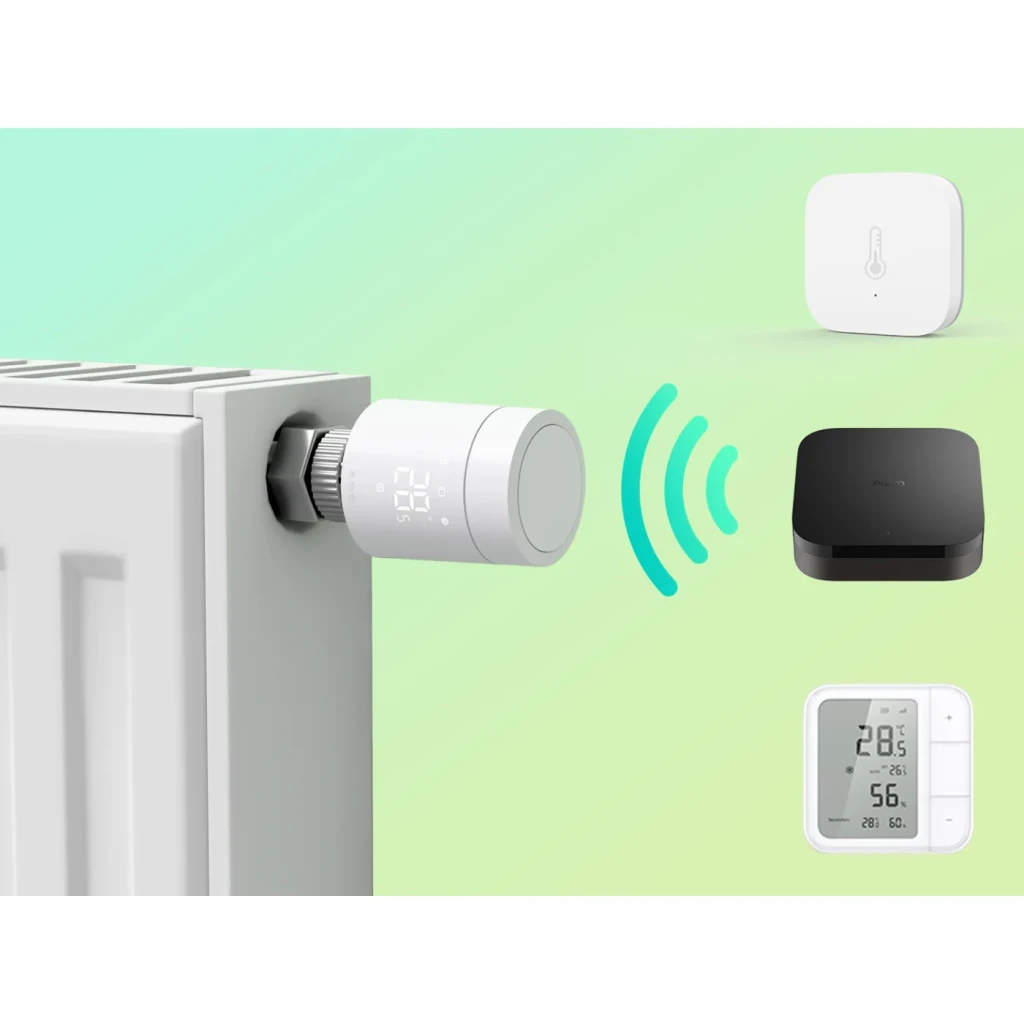 Thermostat pour radiateur Aqara Radiator Thermostat W600 Blanc Thread, Zigbee 3.0, vue écosystème: monté sur radiateur