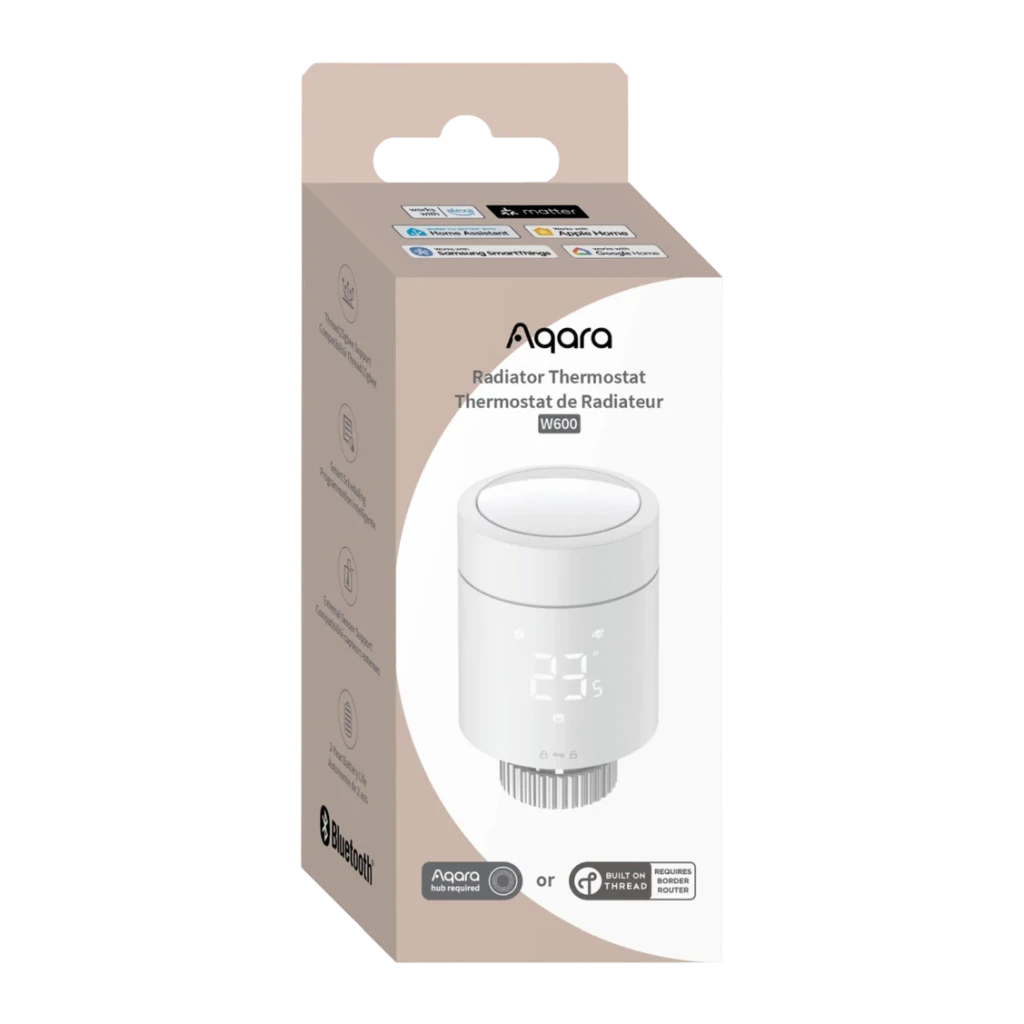 Thermostat pour radiateur Aqara Radiator Thermostat W600 Blanc Thread, Zigbee 3.0, boîte: packaging avant avec produit