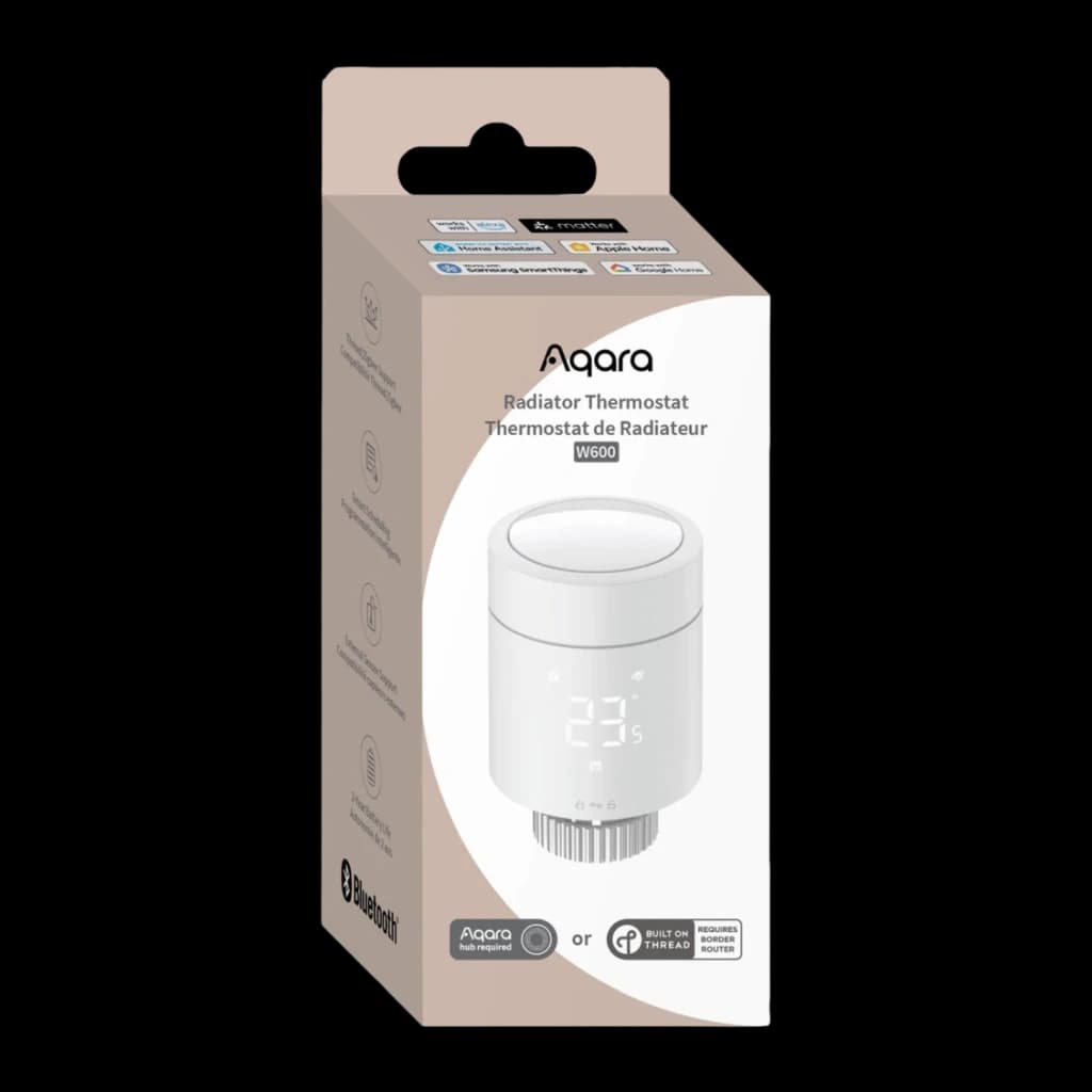 Thermostat pour radiateur Aqara Radiator Thermostat W600 Blanc Thread, Zigbee 3.0, boîte: packaging avant avec produit