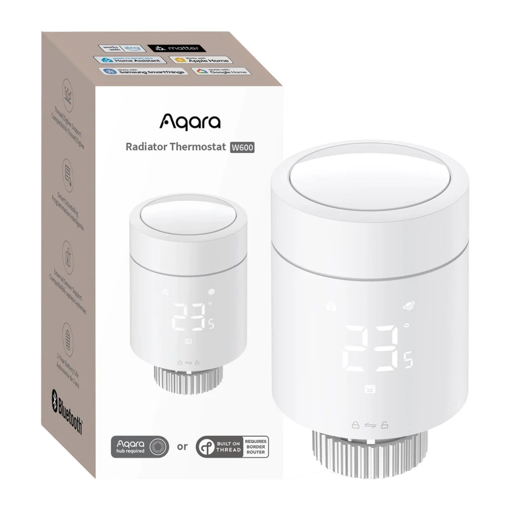 Thermostat pour radiateur Aqara Radiator Thermostat W600 Blanc Thread, Zigbee 3.0, boîte et appareil: écran LCD 23°