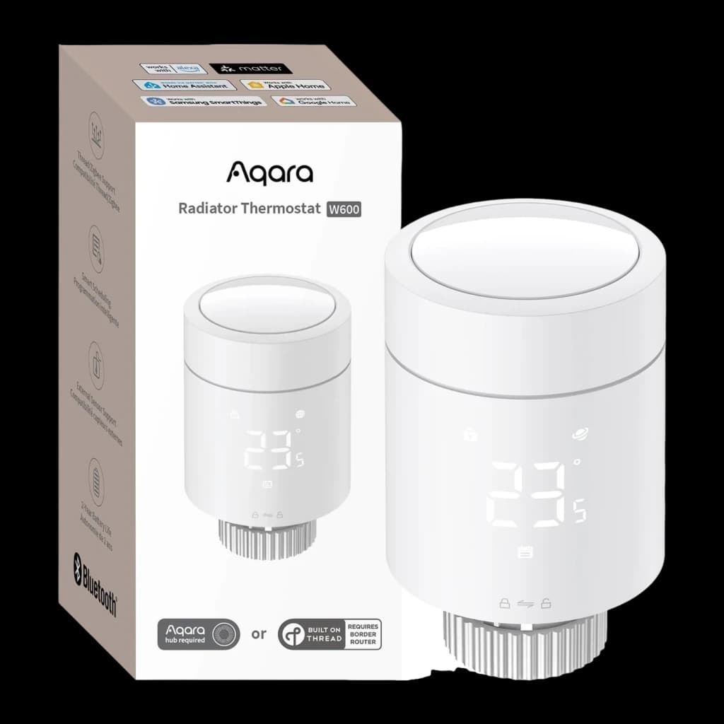 Thermostat pour radiateur Aqara Radiator Thermostat W600 Blanc Thread, Zigbee 3.0, boîte et appareil: écran LCD 23°