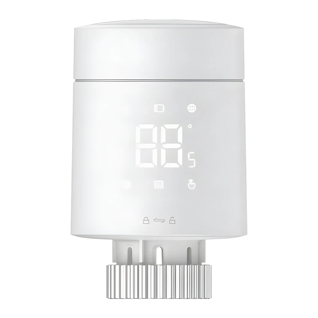 Thermostat pour radiateur Aqara Radiator Thermostat W600 Blanc Thread, Zigbee 3.0, vue avant: écran LED et adaptateur