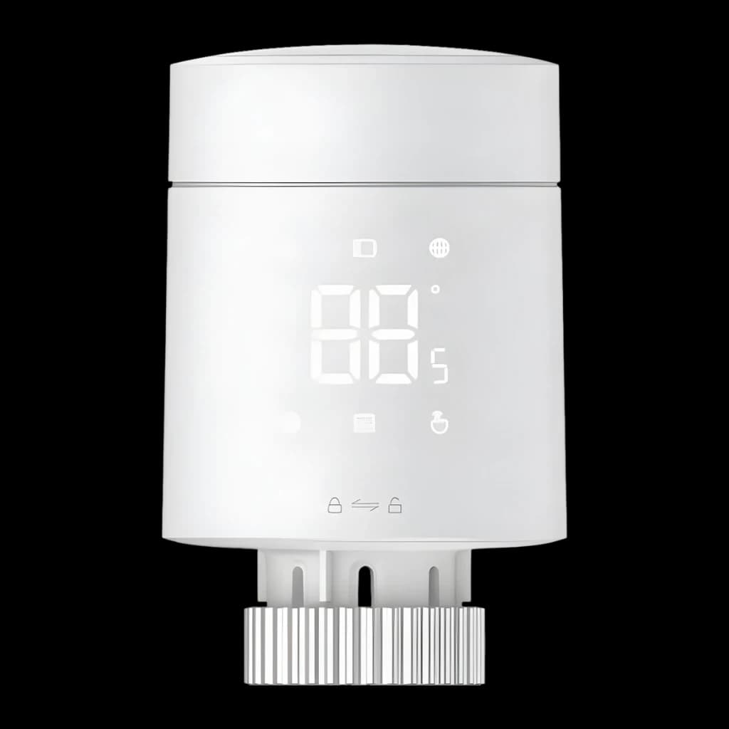 Thermostat pour radiateur Aqara Radiator Thermostat W600 Blanc Thread, Zigbee 3.0, vue avant: écran LED et adaptateur