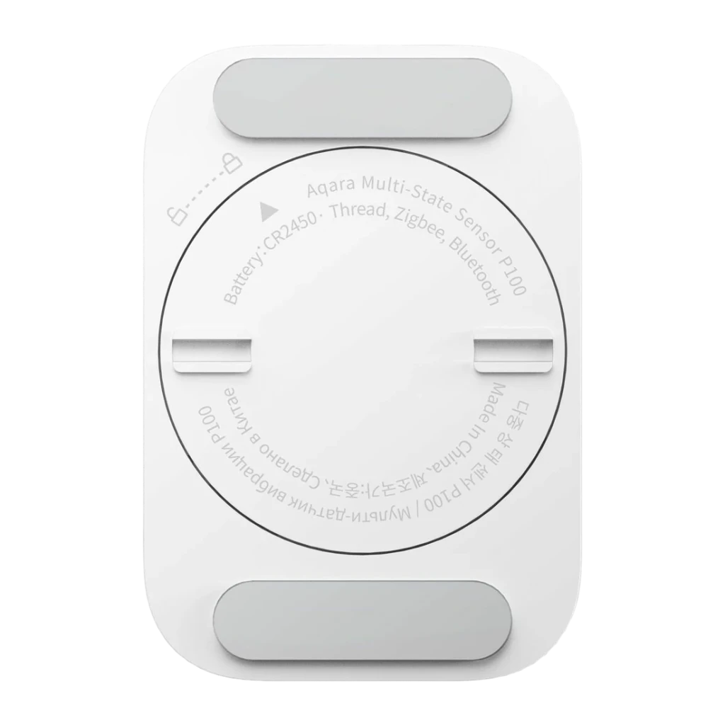 Sensor multiestado Aqara P100 Blanco Zigbee, Thread, Matter, vista trasera: etiqueta circular, ranuras de montaje y batería