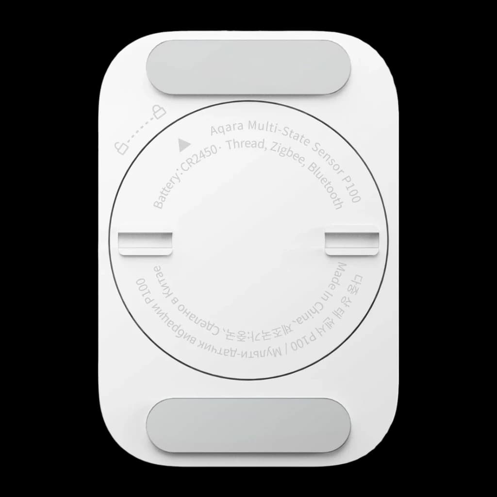 Sensor multiestado Aqara P100 Blanco Zigbee, Thread, Matter, vista trasera: etiqueta circular, ranuras de montaje y batería