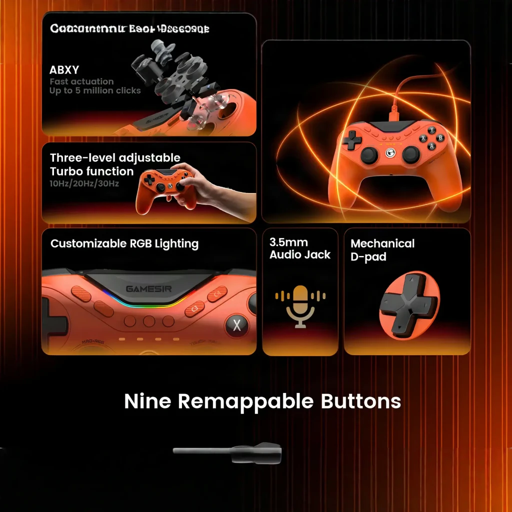 Mando gaming GameSir Tarantula 8K PC con cable USB-C, color naranja, doble joystick, cruceta, botones ABXY, gatillos ergonómicos y luces indicadoras - Ítem4