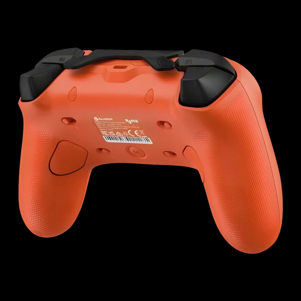 Manette gaming GameSir Tarantula 8K PC Filaire USB-C, coque arrière orange texturée, poignées antidérapantes, grands gâchettes noires et port USB-C central