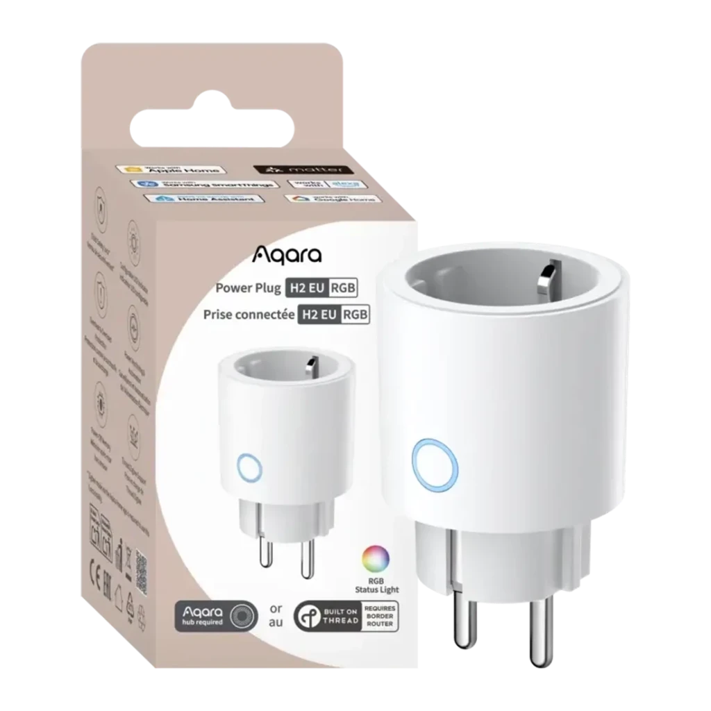 Tomada inteligente Aqara Smart Plug H2 EU Branco Monitorização de energia em tempo real, vista frontal com caixa: tomada