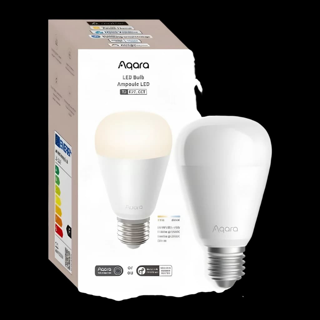 Ampoule Intelligente Aqara LED Bulb T2 CCT Blanche 2700-6500K Zigbee + Thread 10,5W, vue de face: ampoule blanche E27 posée