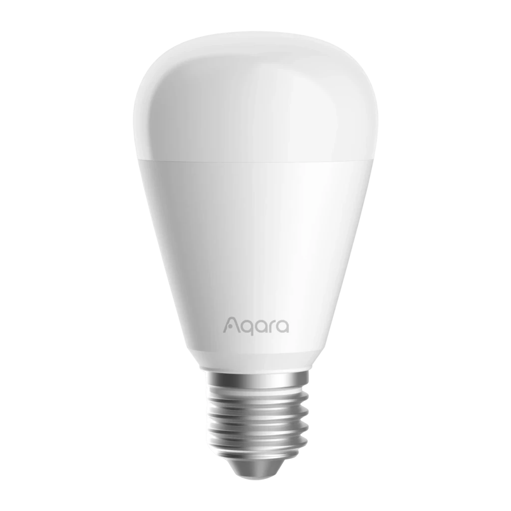 Ampoule Intelligente Aqara LED Bulb T2 CCT Blanche 2700-6500K Zigbee + Thread 10,5W, vue de face: corps blanc mat avec logo