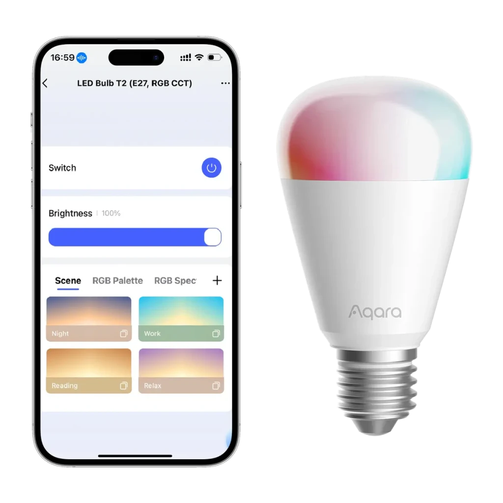 Ampoule Intelligente Aqara LED Bulb T2 CCT Blanche 2700-6500K Zigbee + Thread 10,5W, app: smartphone affichant scènes RGB
