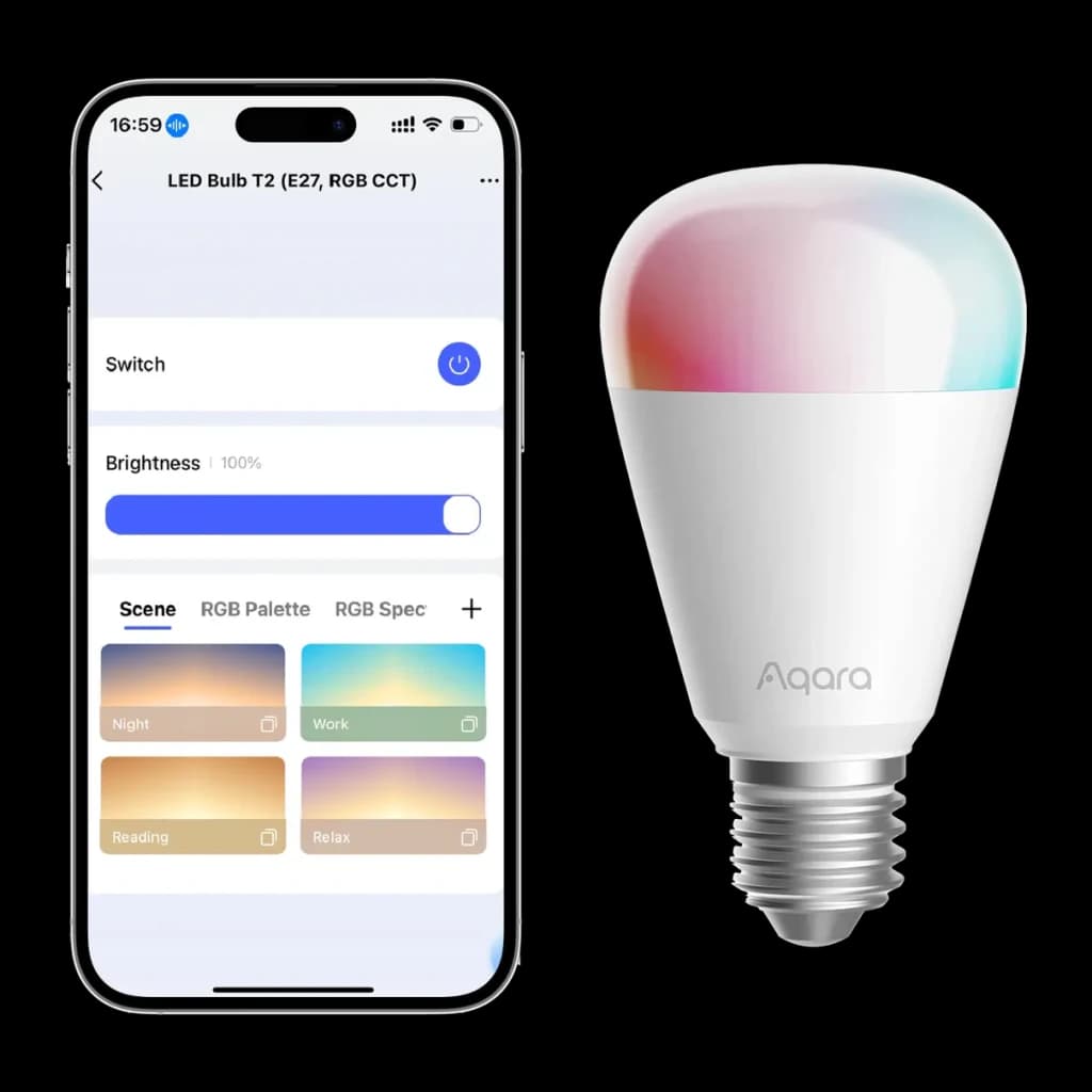 Ampoule Intelligente Aqara LED Bulb T2 CCT Blanche 2700-6500K Zigbee + Thread 10,5W, app: smartphone affichant scènes RGB