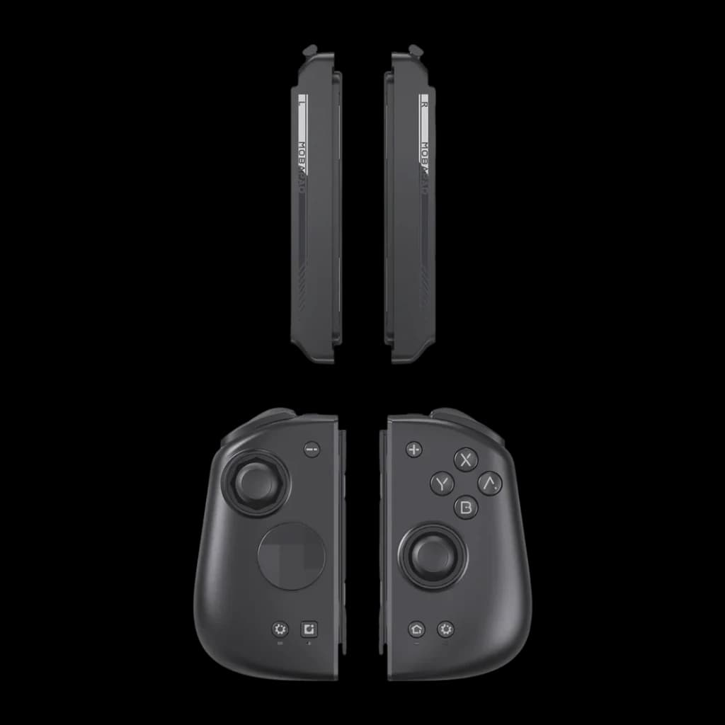 Manette Mobapad M6 HD Noir Sans Fil Nintendo Switch / 2, vue avant et profil: deux moitiés séparées avec joysticks, boutons