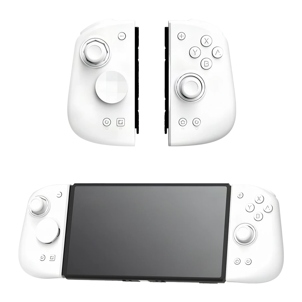 Manette Mobapad M6 HD Blanc Sans Fil Switch/Switch OLED/Switch 2/PC, vue avant: moitiés séparées et fixées sur console