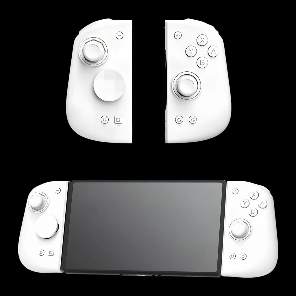 Manette Mobapad M6 HD Blanc Sans Fil Switch/Switch OLED/Switch 2/PC, vue avant: moitiés séparées et fixées sur console