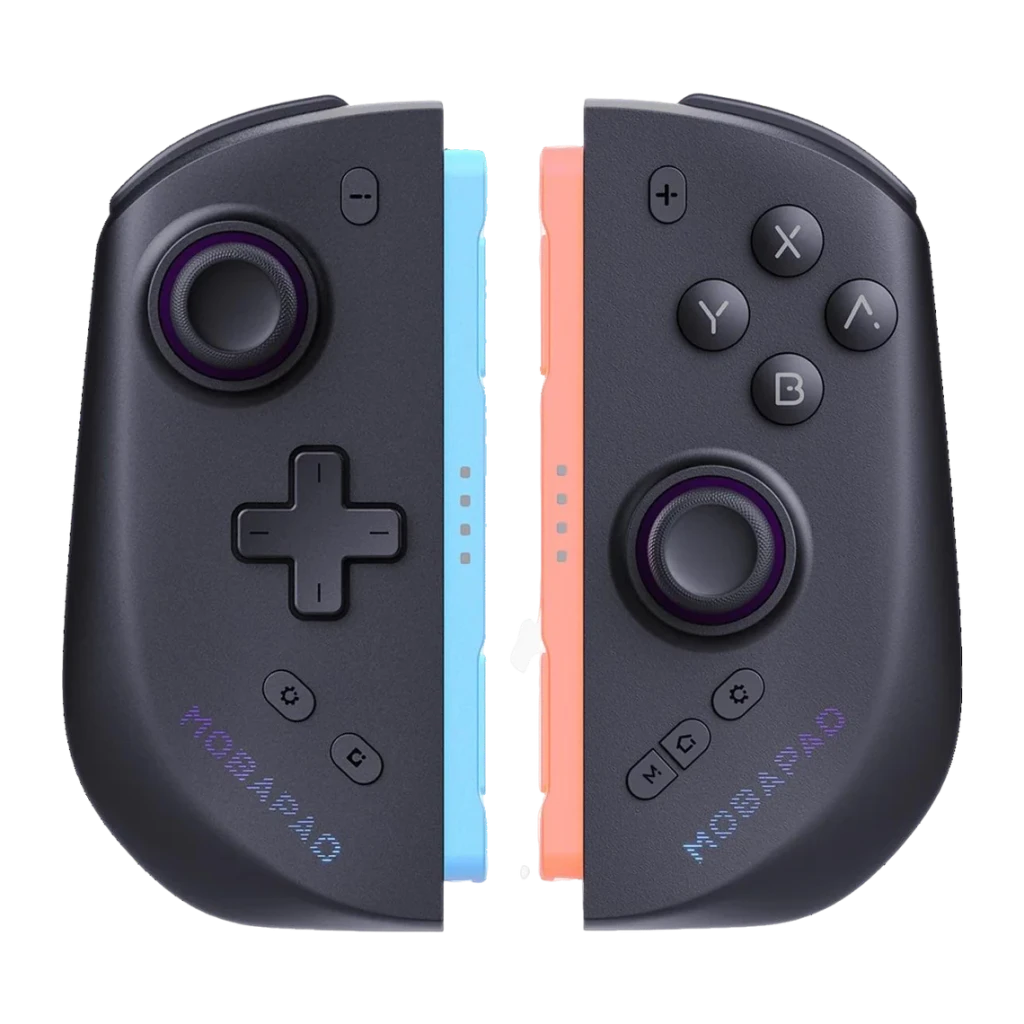 Comando Joy-Con Mobapad M12S Preto Sem Fios Nintendo Switch 2, frontal: par de comandos separados com sticks roxos, cruz