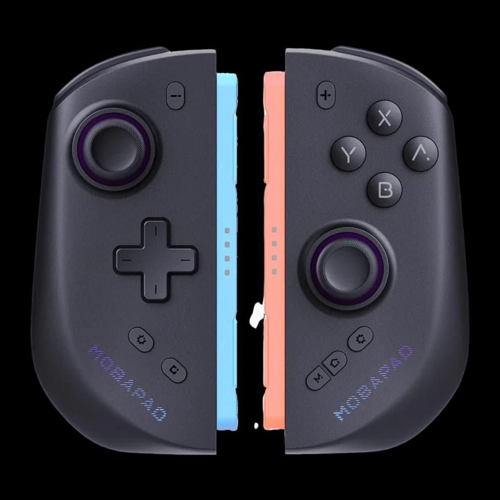 Comando Joy-Con Mobapad M12S Preto Sem Fios Nintendo Switch 2, frontal: par de comandos separados com sticks roxos, cruz
