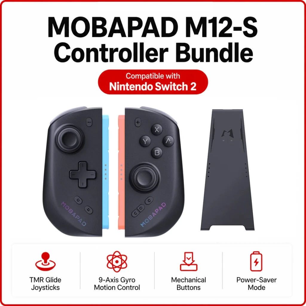 Comando Joy-Con Mobapad M12S Preto Sem Fios Nintendo Switch 2, bundle: par de comandos preto com laterais azul e vermelho