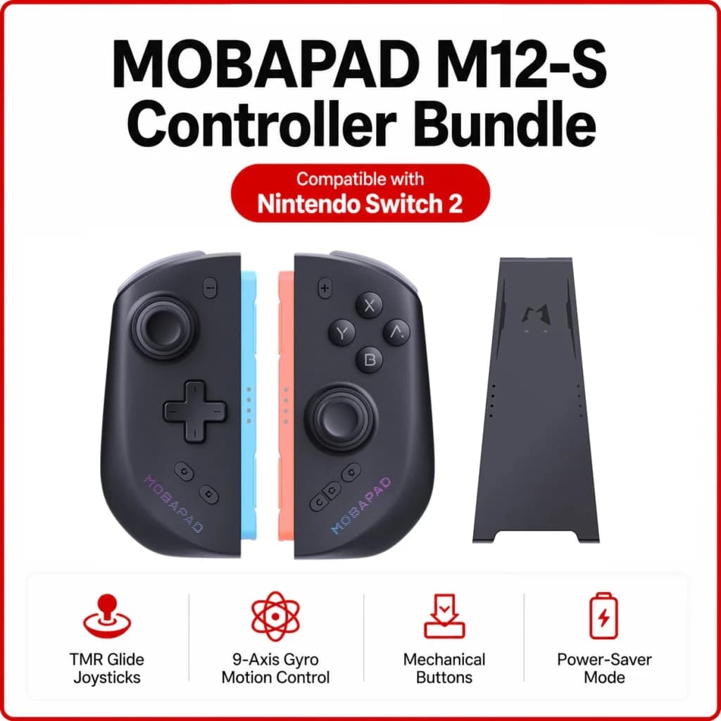 Comando Joy-Con Mobapad M12S Preto Sem Fios Nintendo Switch 2, bundle: par de comandos preto com laterais azul e vermelho