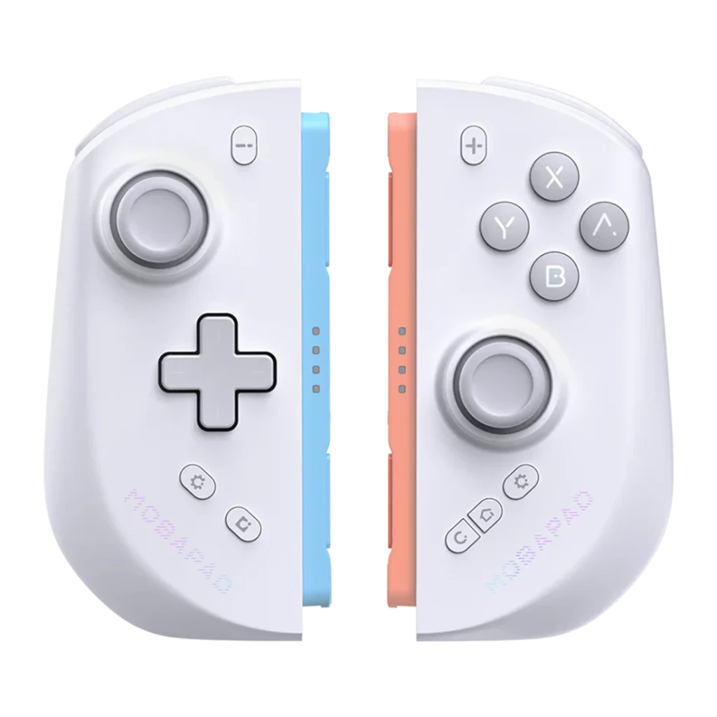 Mando Mobapad M12S Blanco Bluetooth Nintendo Switch 2, vista frontal: par de mandos separados con raíles azul y salmón