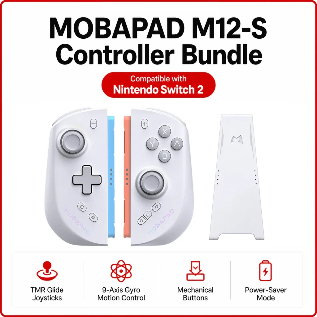 Mando Mobapad M12S Blanco Bluetooth Nintendo Switch 2, bundle: mandos separados con base de carga y características TMR