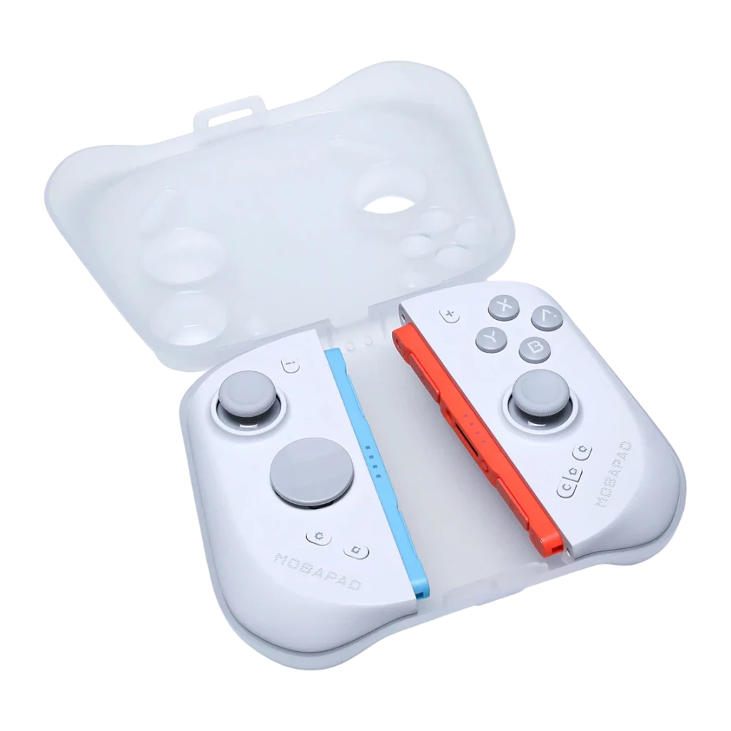 Mando Mobapad M12S Blanco Bluetooth Nintendo Switch 2, vista superior: mando dentro de su funda traslúcida abierta, raíles