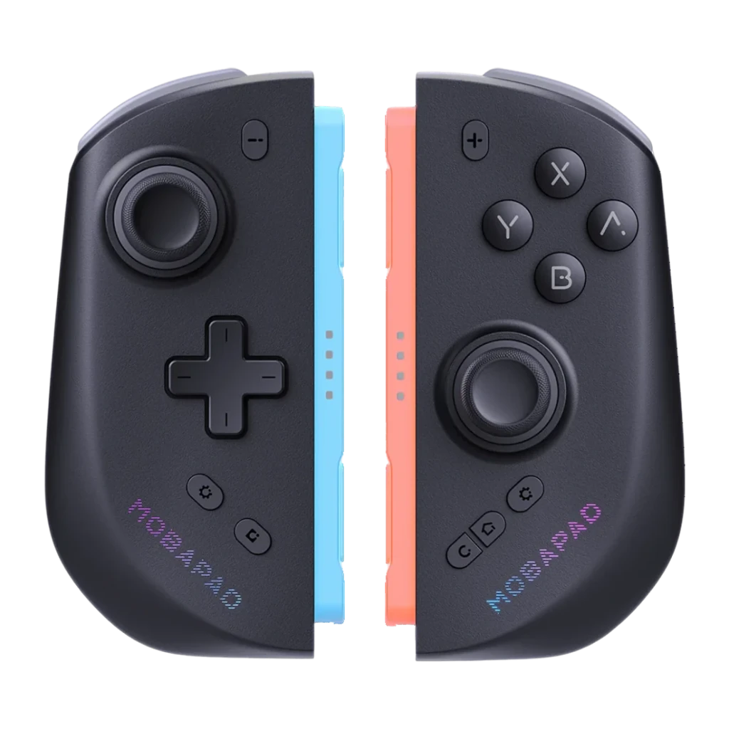 Manette Mobapad M12 HD Noir Bluetooth Nintendo Switch 2, vue avant: deux moitiés séparées avec rails bleu et corail visibles