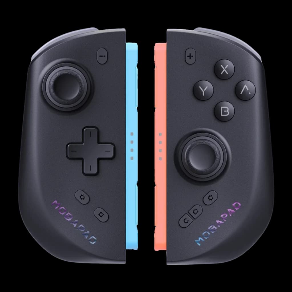 Manette Mobapad M12 HD Noir Bluetooth Nintendo Switch 2, vue avant: deux moitiés séparées avec rails bleu et corail visibles