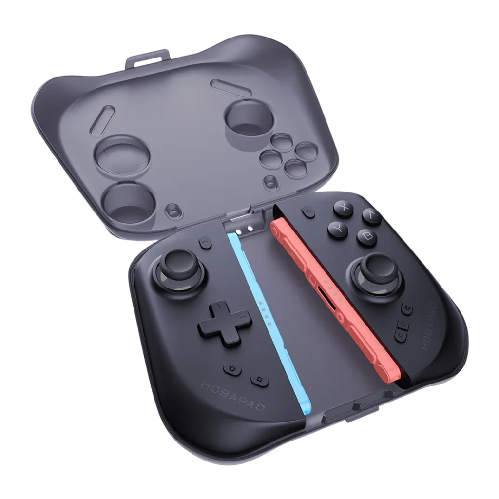 Manette Mobapad M12 HD Noir Bluetooth Nintendo Switch 2, vue ouverte: manette dans étui rigide transparent avec Joy-Con bleu