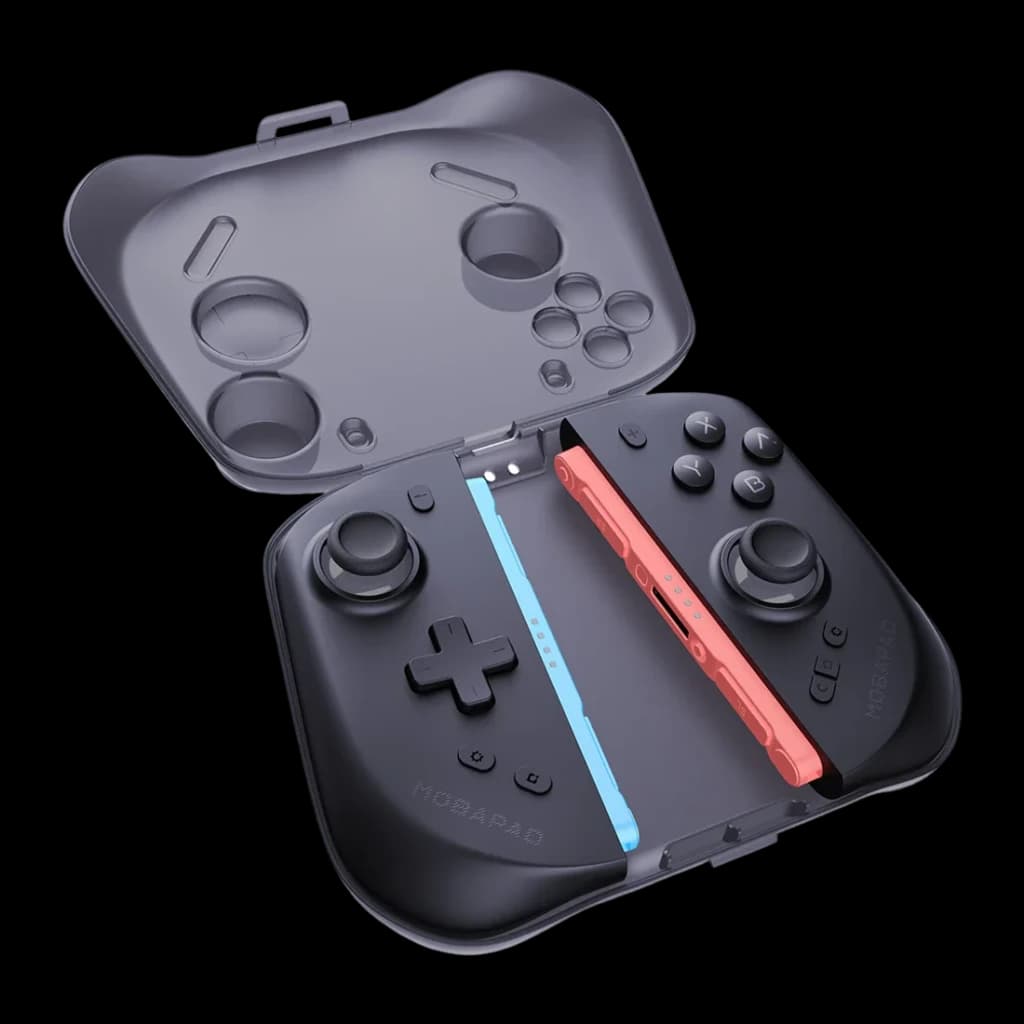 Manette Mobapad M12 HD Noir Bluetooth Nintendo Switch 2, vue ouverte: manette dans étui rigide transparent avec Joy-Con bleu
