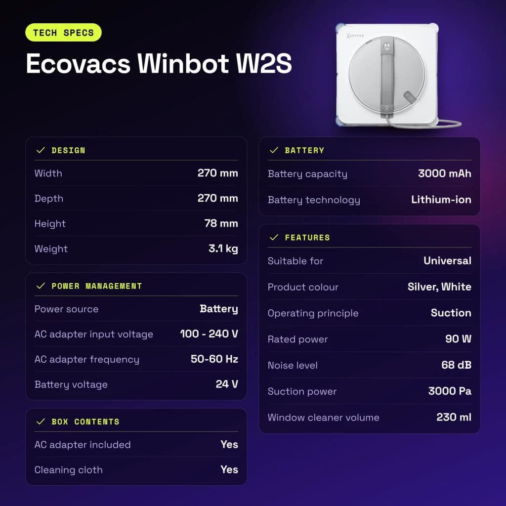 Robot limpiacristales Ecovacs Winbot W2S 3000mAh Blanco 3000Pa 68dB - características