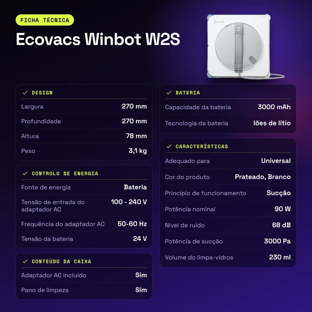 Robot limpiacristales Ecovacs Winbot W2S 3000mAh Blanco 3000Pa 68dB - características