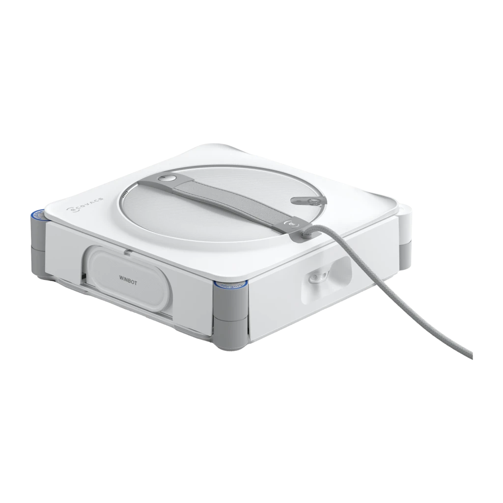 Robot limpiacristales Ecovacs Winbot W2S 3000mAh Blanco 3000Pa 68dB, vista lateral: carcasa blanca con asa gris y cable