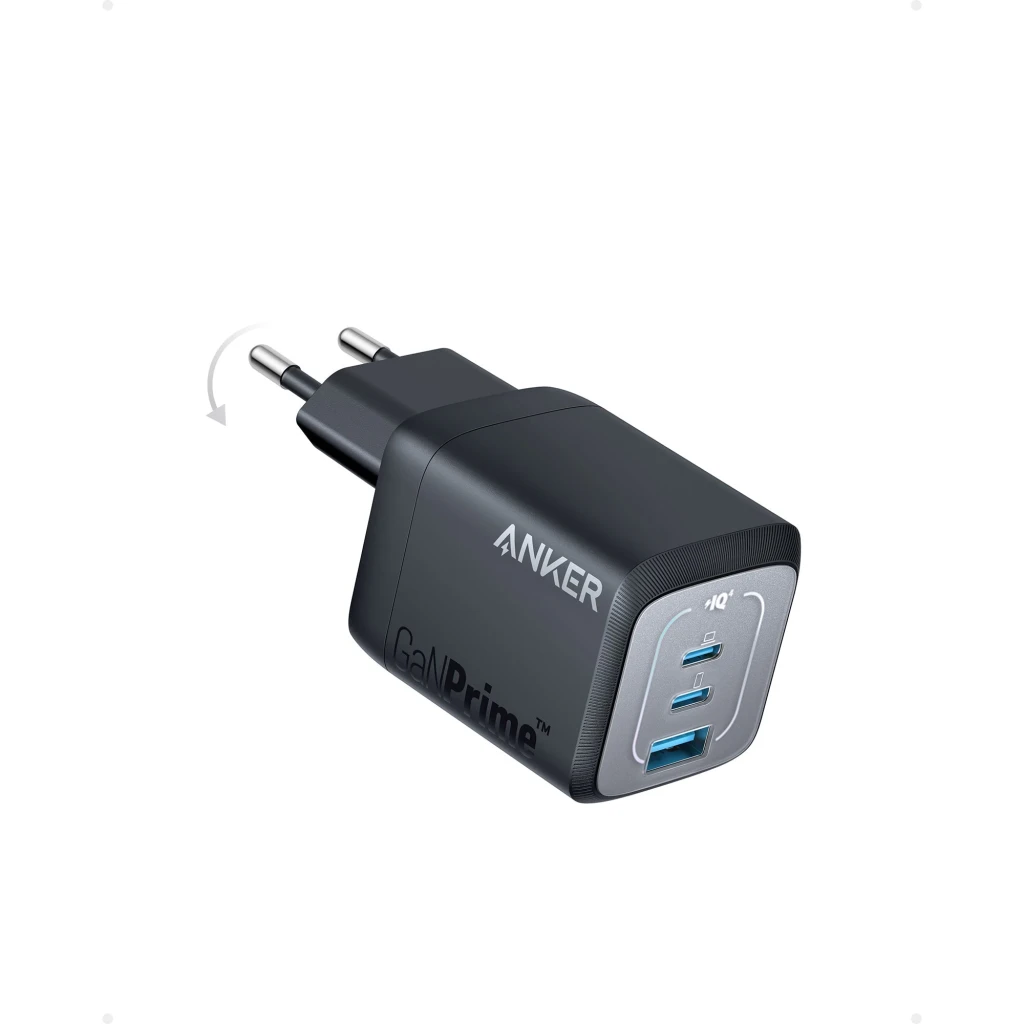 Cargador Anker Prime GaN 67W Negro 3 Puertos USB-C/USB-A, vista lateral: clavija EU plegable y 2 USB-C + 1 USB-A visibles