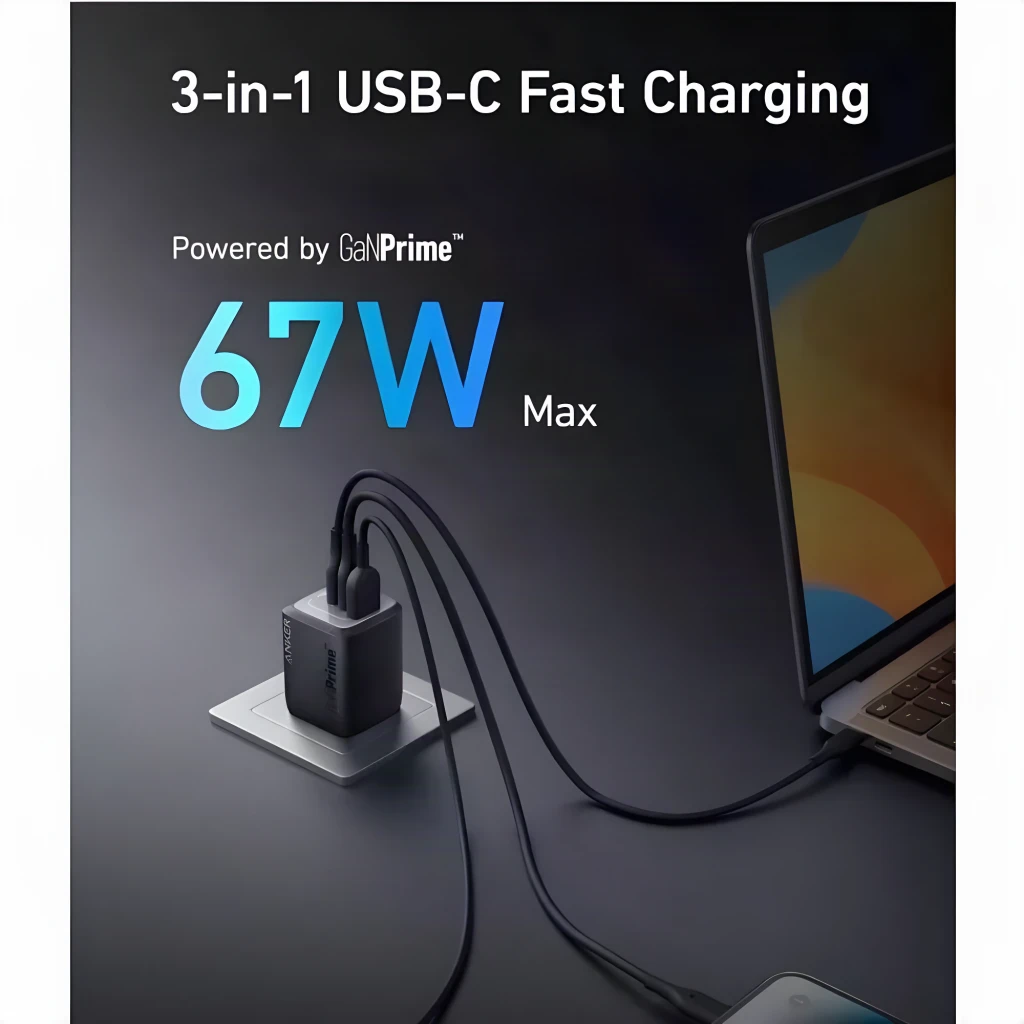 Cargador Anker Prime GaN 67W Negro 3 Puertos USB-C/USB-A, uso: enchufado en pared cargando laptop y móvil con cables USB-C