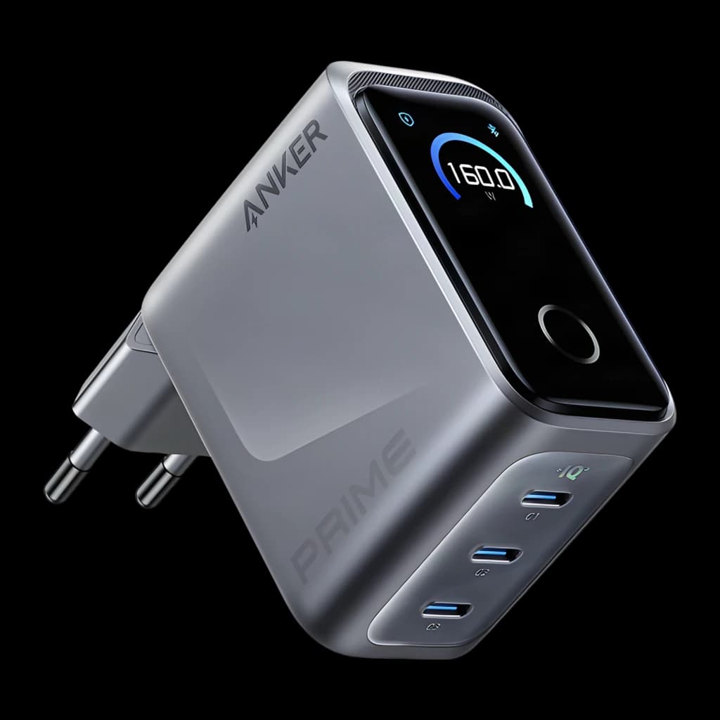 Chargeur Anker Prime GaN 160W compact, finition métal, écran LED avec jauge 160W, 3 ports USB-C bleus et indicateurs lumineux, prise européenne pliable