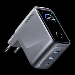 Chargeur Anker Prime GaN 160W compact, finition métal, écran LED avec jauge 160W, 3 ports USB-C bleus et indicateurs lumineux, prise européenne pliable
