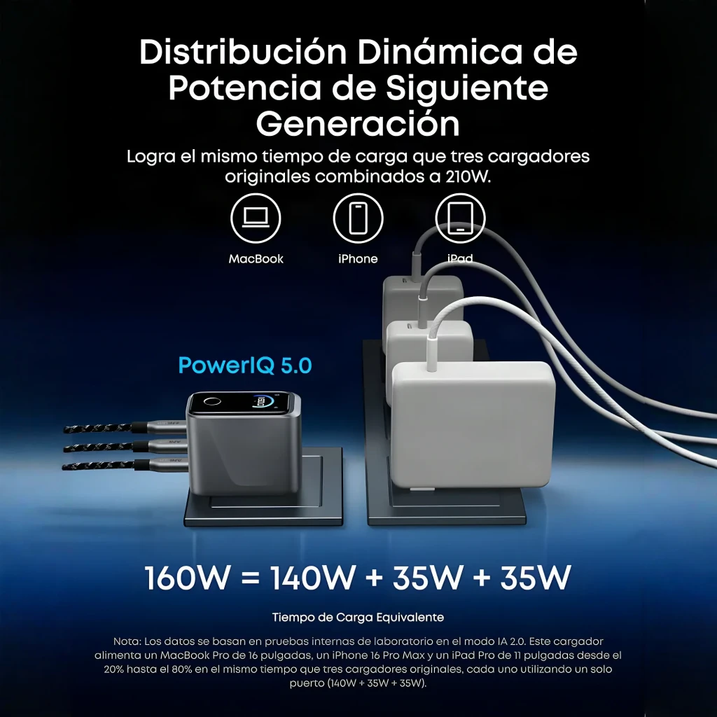 Carregador Anker Prime GaN 160W 3x USB-C em alumínio cinza, display digital com indicador de voltagem, três portas USB-C azuis e LED de status - Item3
