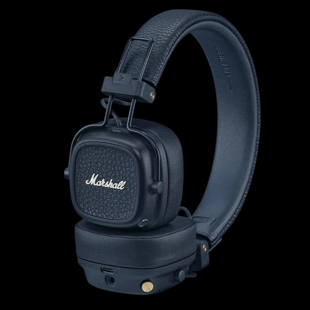 Marshall Major V Blue casque supra-aural bleu marine, coques carrées texturées, logo Marshall blanc, arceau rembourré, boutons dorés et port audio intégré