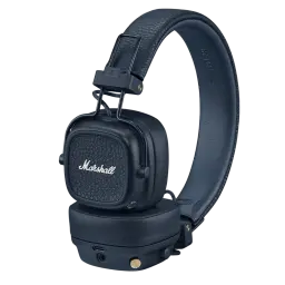 Marshall Major V Blue casque supra-aural bleu marine, coques carrées texturées, logo Marshall blanc, arceau rembourré, boutons dorés et port audio intégré
