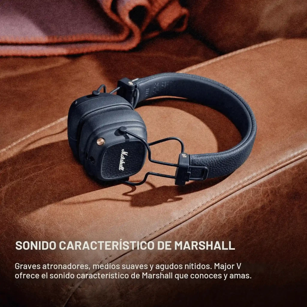 Marshall Major V Azul auriculares on-ear plegables en cuero texturizado, diadema acolchada y copas cuadradas con logo Marshall en relieve y botones metálicos - Ítem6