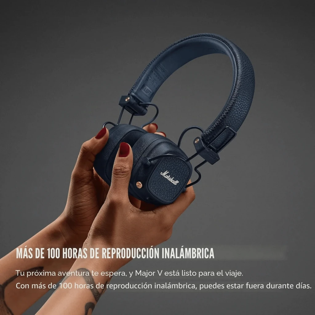 Marshall Major V Azul auriculares on-ear plegables en cuero texturizado, diadema acolchada y copas cuadradas con logo Marshall en relieve y botones metálicos - Ítem7