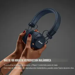 Casque Marshall Major V Blue pliable, arceau rembourré texturé, coussinets épais, finitions bleu marine, logo Marshall doré, boutons et charnières robustes