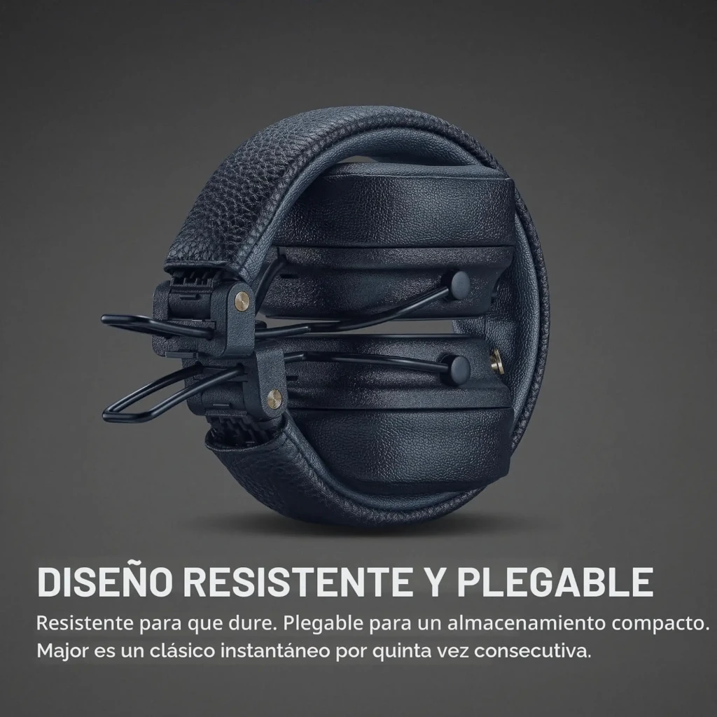 Marshall Major V Azul auriculares on-ear plegables en cuero texturizado, diadema acolchada y copas cuadradas con logo Marshall en relieve y botones metálicos - Ítem8