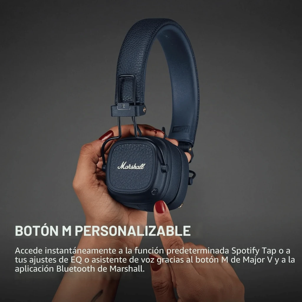 Marshall Major V Azul auriculares on-ear plegables en cuero texturizado, diadema acolchada y copas cuadradas con logo Marshall en relieve y botones metálicos - Ítem9